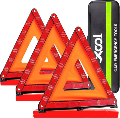XOOL Warning Triangle, Emergency Warning Triangles for Vehicles, Reflective Triangle, Emergency Warning Reflector Safety Triangle Kit with Carry Case, 3-Pack