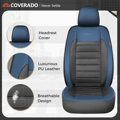 Coverado Car Seat Covers Full Set, Luxury Leather Car Seat Covers, Automotive Front and Rear Mesh Seat Covers, Full Set 5 Seats, Blue Black Seat Covers for SUV Sedan Truck