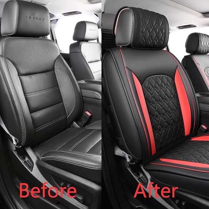JOJOBAY Chevy Silverado Seat Covers,Leather Seat Covers for GMC Sierra,Custom Fit 2007-2026 1500 2500HD 3500HD Crew Double Extended Regular Cab,LT LZT RST Trail Boss(Front Pair,Black Red)