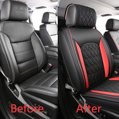 JOJOBAY Chevy Silverado Seat Covers,Leather Seat Covers for GMC Sierra,Custom Fit 2007-2026 1500 2500HD 3500HD Crew Double Extended Regular Cab,LT LZT RST Trail Boss(Front Pair,Black Red)