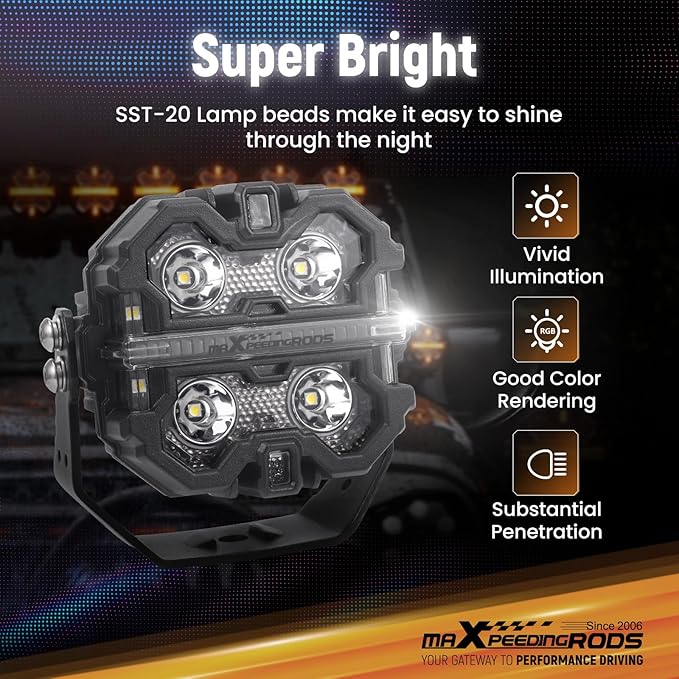 maXpeedingrods 3.5 Inch LED Off Road Lights 160W 19200LM, Auxiliary Fog Light Spot, 7 RGB Colors for Ambient, 270°Side Shooter Wide Range, Light Bar for Jeep SUV Pickup ATV with Black Covers