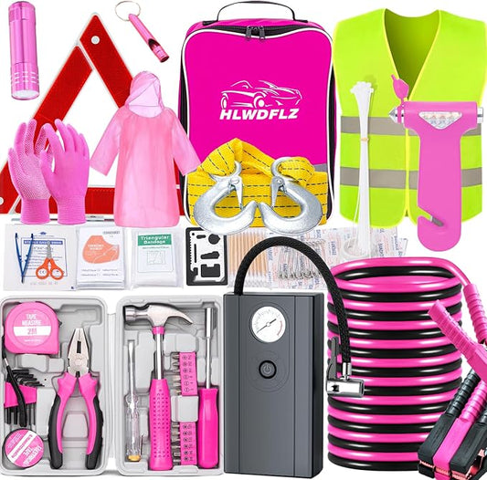 Car Roadside Emergency Kit, Vehicle Truck Safety Emergency Road Side Assistance Kits with Jumper Cables, Auto Air Compressor Tire Inflator, Pink