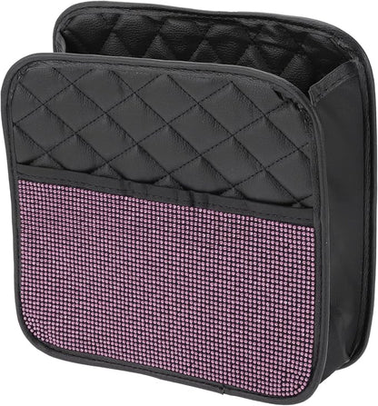1 Pcs Universal Car Trash Can Hanging 10.2" Length 3.5" Width 10.2" Height Trash Bin Pink Black Faux Leather Rhinestone