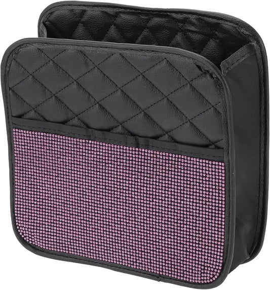 1 Pcs Universal Car Trash Can Hanging 10.2" Length 3.5" Width 10.2" Height Trash Bin Pink Black Faux Leather Rhinestone