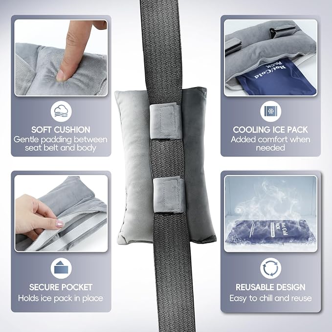Post Surgery Seat Belt Pillow with Ice Pack, Seatbelt Cushion for Mastectomy, Heart Surgery, C-Section & Hysterectomy Recovery, Chemo Port Protector, Seatbelt Pad with Pocket (Grey)