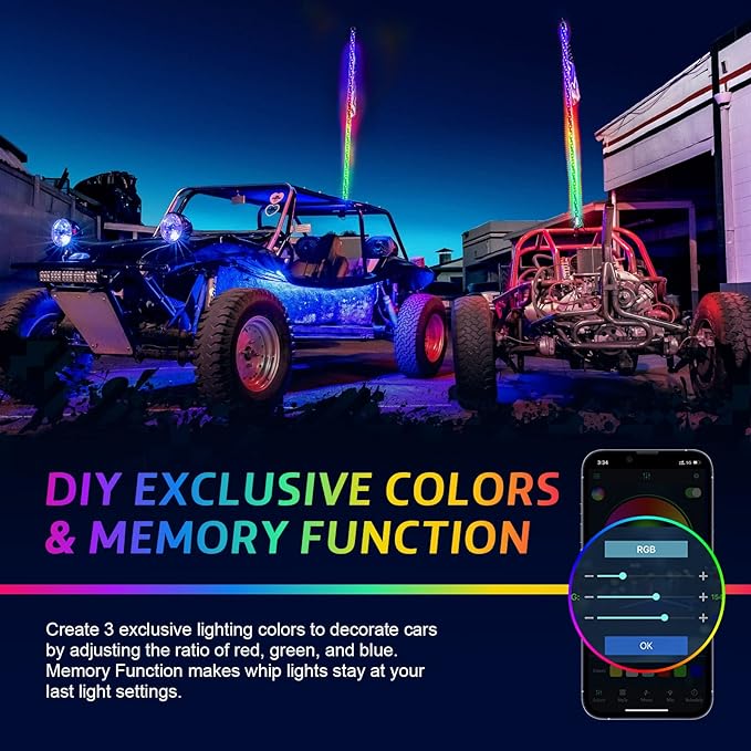 Ehaho 2 Pack 5FT Whip Lights with Spring Base,LED Whip Light with App & Remote Control, Spiral RGB Chasing Lighted Whips with Rocker Switch, Music Whip Light for UTV ATV Polaris RZR Can-Am SXS Truck