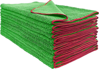 Detailer's Preference Dual Pile 400 GSM Microfiber Towels with Red Trim, All-Purpose Terry Weave Cleaning Cloths for Auto, Home, Boat, Scratch-Free & Reusable, 16x24 Inches, 12-Pack