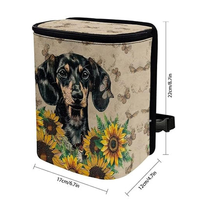 Talayituse Dachshund Sunflower Butterfly Print Car Trash Can with Lid, Leak Proof Auto Trash Bag Hanging Vehicle Garbage Can Multipurpose Storage Container for Back Seat Road Trip