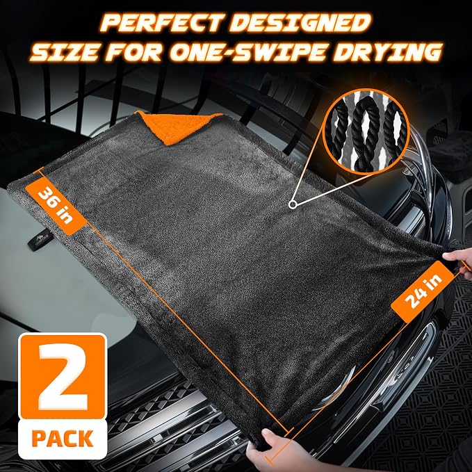 SMINDER 2-Pack 1200 GSM Car Drying Towels – Microfiber Towels for Cars (36" x 24"), Ultra-Absorbent, Streak-Free, Scratch-Free, No Water Spots, Double-Twist Pile & Edgeless Design(Orange)