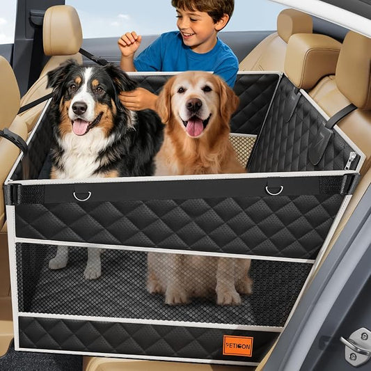 PETICON Dog Car Seat for Large/Medium Dogs, One-Piece Hard Bottom Back Seat Extender with 2 Mesh Windows, Waterproof Pet Carseat with Storage Pocket, Dog Hammock for Cars, SUVs and Trucks