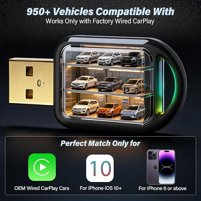 Wireless CarPlay Adapter for Apple iPhone - Convert Wired to Wireless Car Play, Mini & Gold-Plated Connector, A8 Chip, Quick Auto Connect, USB A/C Plug and Play, for iPhone iOS 10+ & Cars from 2016+