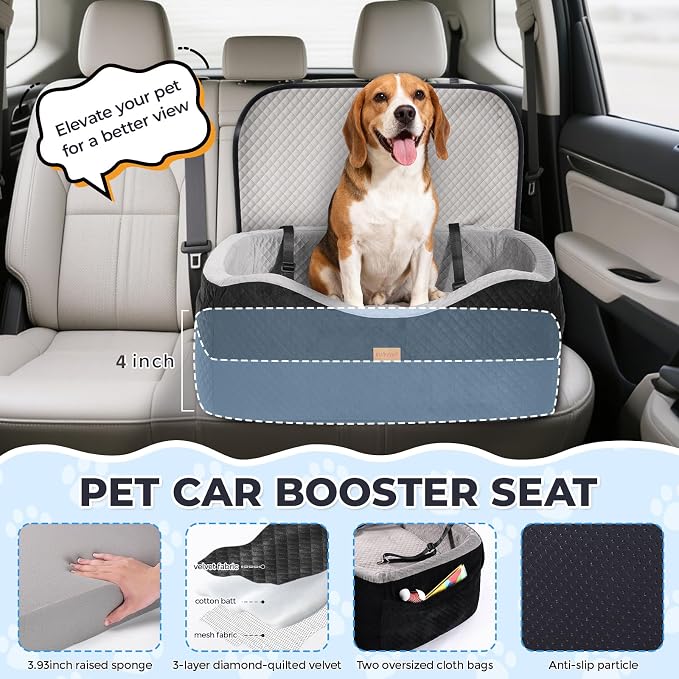 Dog Car Seat for Large Dogs up to 55lbs or 2 Small Dogs with 4" Memory Foam, Back Seat Medium Pet Booster Seat with Triple Safety Belts, Adjustable Leashes, Detachable/Washable (Black/Gray, Large)