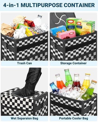 Capolo Car Trash Can with Lid, Leakproof Car Trash Bag Hanging Waterproof Automotive Garbage Can with Storage Pockets Mini Vehicle Trash Bin for Back/Front Seat(Black Checkerboard,2.5 Gallon)