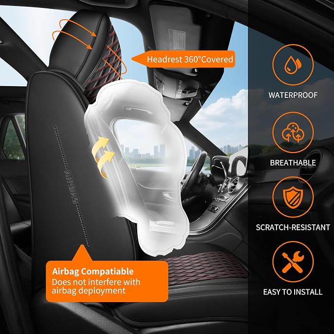 Car Seat Covers Full Set for SUV Trucks,Univerasal Precision Fit Contoured ThickTexture Nappa Leather Automotive Seat Covers,Waterproof Seat Covers & Accessories,Style1 Black Red Line