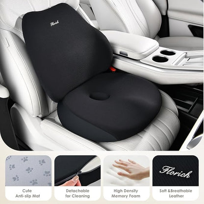 FLORICH Large Car Seat Cushion and Lumbar Support Pillow, Ergonomic Memory Foam Driving Seat Cushion for Back & Sciatica Pain Relief, Non-Slip Washable Seat Cushion for Car, Driver, Office-Black