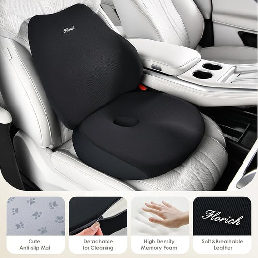 FLORICH Large Car Seat Cushion and Lumbar Support Pillow, Ergonomic Memory Foam Driving Seat Cushion for Back & Sciatica Pain Relief, Non-Slip Washable Seat Cushion for Car, Driver, Office-Black