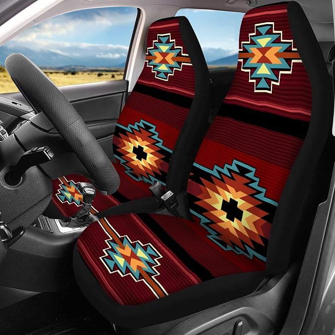 Southwest Native American Tribal Car Seat Covers Full Set,Aztec Red Print Navajo Design Vehicle Front Rear Bench Cushion Protectors Auto Interior Accessories Universal Fit for Trucks Sedans