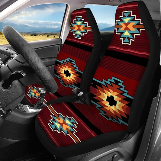 Southwest Native American Tribal Car Seat Covers Full Set,Aztec Red Print Navajo Design Vehicle Front Rear Bench Cushion Protectors Auto Interior Accessories Universal Fit for Trucks Sedans