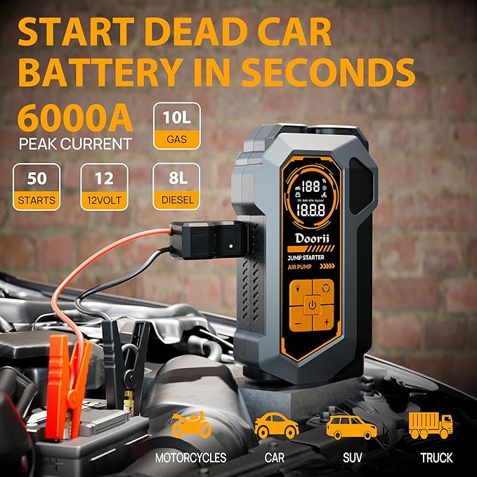 6000A Jump Starter with Air Compressor, 10-in-1 Car Jumper Starter Portable, 150PSI Tire Inflator/Air Pump, LED Flashlight for Up to 10.0L Gas / 8.0L Diesel Engines
