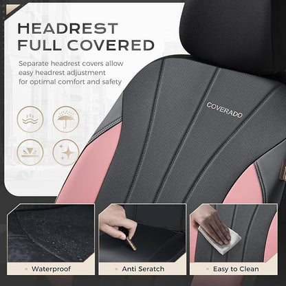 Coverado Car Seat Covers Full Set, 5 Seats Waterproof Nappa Leather Automotive Seat Protectors, Front & Rear Luxury Mesh Seat Covers, All-Weather Universal Fit for Most Cars SUVs, Trucks,Black&Pink