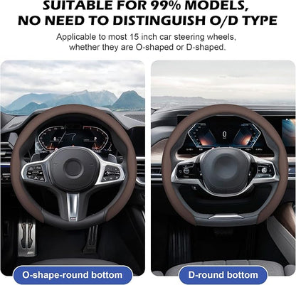 Frani Nappa Leather Steering Wheel Cover,Universal Fit 15 Inch-Premium Non-Slip Breathable Comfort Grip for Cars Trucks SUVs,Anti-Slip Durable Interior Upgrade Cocoa Brown