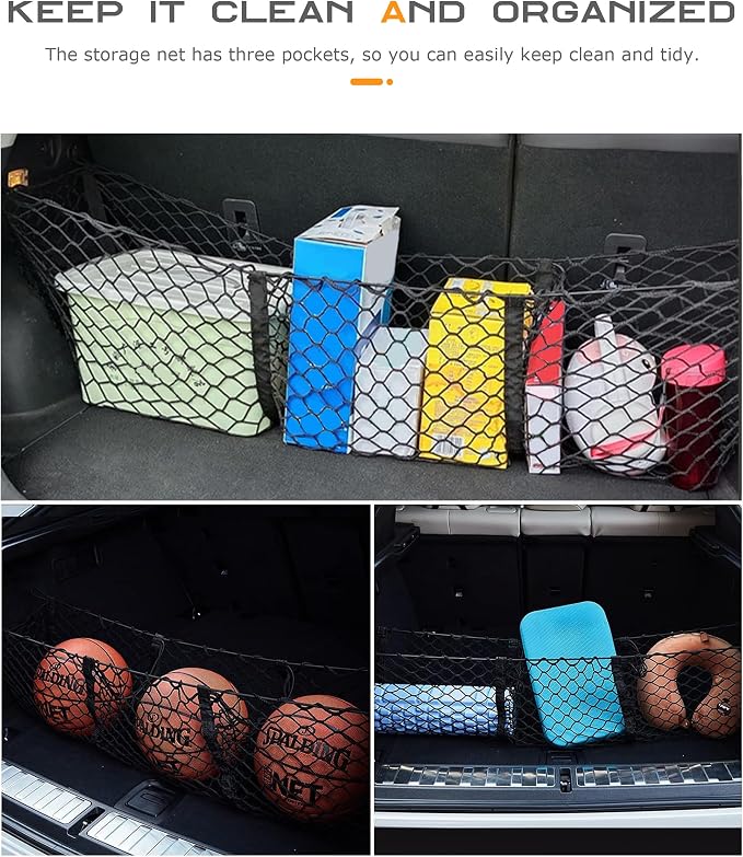 SCUARI Cargo Net,Truck Bed Organizer,Car Accessories Cargo Net for Pickup Truck Bed,3 Pocket Trucks Beds Cargo Nets,43.3" x 11.8" Elastic Cargo Nets,Suitable for Car SUV Van Trunk Pickup
