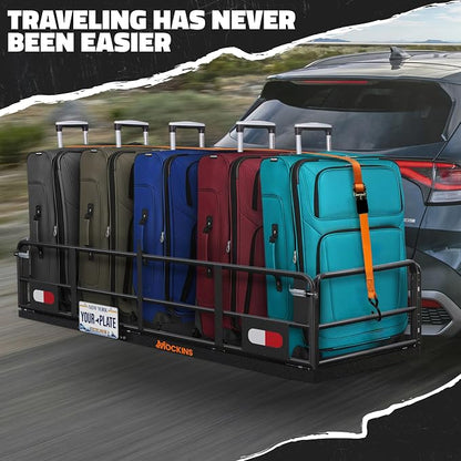 Mockins 60"x24"x14" High Rail Trailer Hitch Cargo Carrier w/License Plate Bracket & 30 Cu.Ft. Waterproof Cargo Hitch Carrier Bag | 500 Lbs. Cap All-Weather Folding Luggage Rack for SUV Truck & Car Set