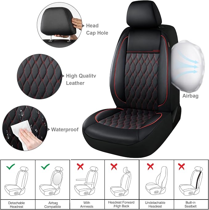 CAROMOP Faux Leather Car Seat Covers Full Set,Luxury and Comfortable Covers for Cars,Split Bench Compatible Car Interior Covers,Universal Fit for Suvs,Vans,Trucks,Airbag Compatible(5-Seat Black/Red)