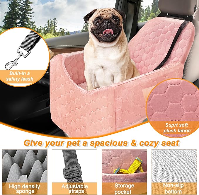 Dog Car Seat for Small/Medium Dogs, Memory Foam Dog Booster Seat, Travel Safety Per Car Seat with Washable Removable Cover, Storage Pockets for Dogs up to 35 lbs (Pink, Small)
