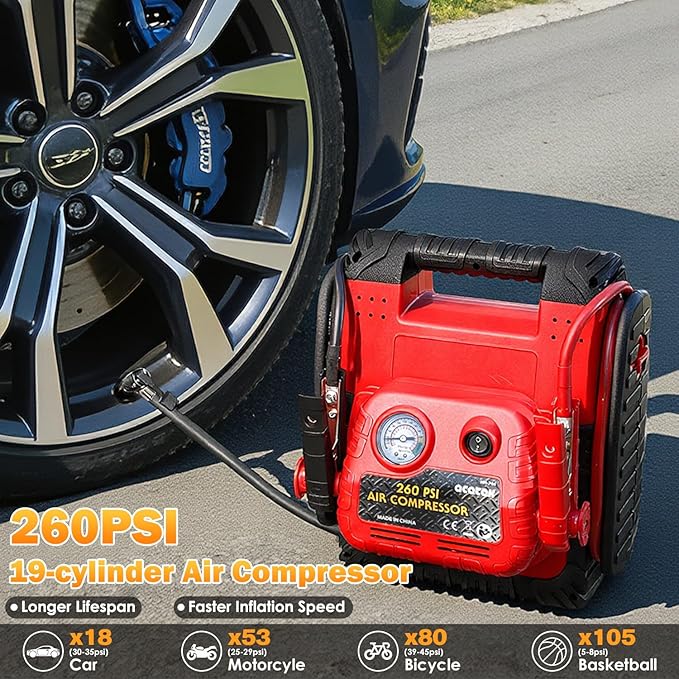 1800 Amp Jump Starter with Air Compressor, acetek Car Battery Jump Starter 260 PSI Tire Inflator, 20000mAh 12V Auto Lead-Acid Battery Booster (Up to 6L Gas or 6L Diesel Engine) with LED Light & USB