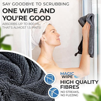 Magicwipe® Bathroom Drying Cloth – Removes Limescale & Hard Water Stains in Seconds with Just Water – Streak-Free for Shower Glass & Tiles – Reusable Microfibre Cloth (1, Black 30x40cm)