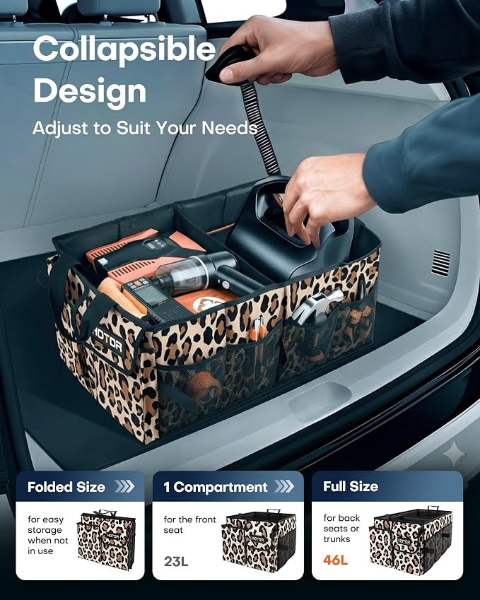 HOTOR Trunk Organizer - Car Organizer, Foldable Trunk organizer for SUVs & Sedans, Sturdy Car Organization for Car Accessories, Tools, Sundries, Leopard, 2 Compartments, 21.3"×12.6"×10.6"
