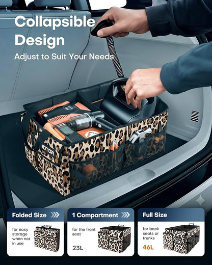 HOTOR Trunk Organizer - Car Organizer, Foldable Trunk organizer for SUVs & Sedans, Sturdy Car Organization for Car Accessories, Tools, Sundries, Leopard, 2 Compartments, 21.3"×12.6"×10.6"