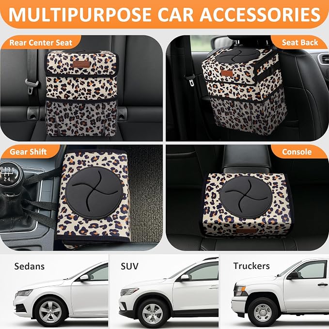 Vankor Cute Car Trash Can, Car Accessories for Women Interior Can Trash Bag Hanging Automotive Garbage Cans Leopard Pattern