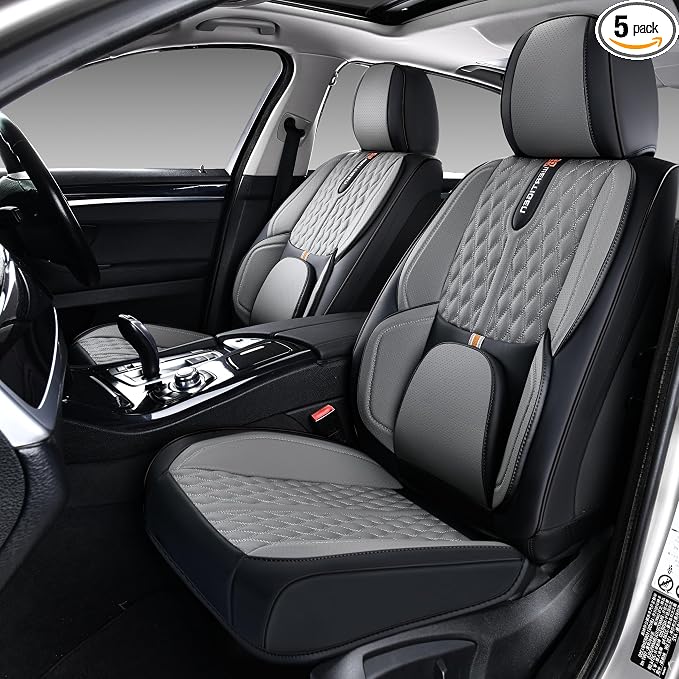 Car Seat Cover Full Set, Universal Car Seat Cover for Cars, Black and Gray, with Lumbar Support, Premium Artificial Leather, Waterproof and Easy to Clean, Airbag Compatible