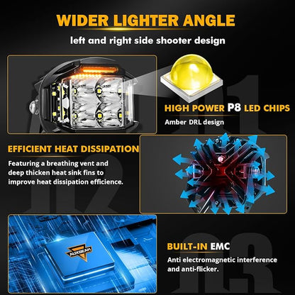 Auxbeam V-MAX Series 4in 92W Round LED Pods with Amber Covers, Side Shooter LED Offroad Driving Light with DRL, 270° Combo Beam Pattern Universal Auxiliary Light for Truck ATV Wrangler Ford Pickup