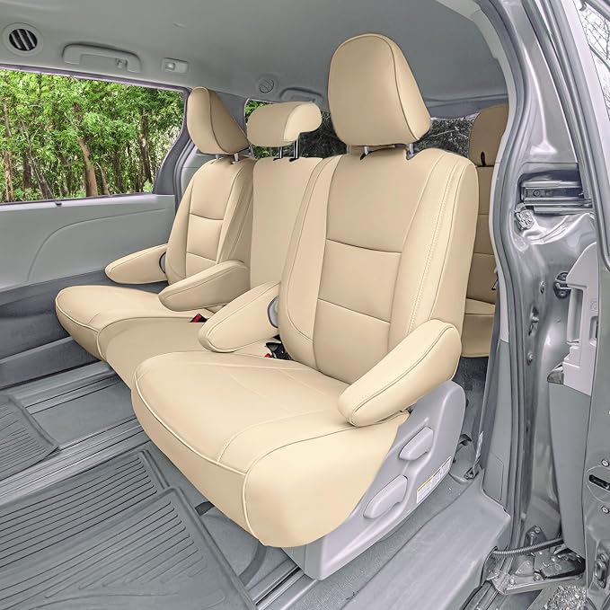 FH Group Custom Fit Car Seat Covers Specifically Made for 2011-2020 Toyota Sienna 8 Passenger, Car Seat Cover Full Set, Automotive Seat Covers in Solid Beige Faux Leather, Waterproof and Washable