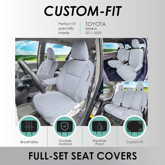 FH Group Custom Fit Car Seat Covers for Toyota Sienna 2011-2020, Car Seat Cover Full Set, 8 Seater Automotive Seat Covers in Solid Gray Neoprene, Waterproof and Washable Seat Covers
