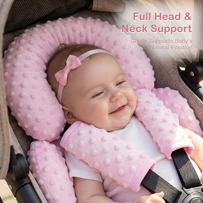 Pro Goleem Infant Car Seat Head Neck Body Support, Ultra-Soft Minky and Microfiber Car Seat Strap Pads, Perfect for Stroller, 2-in-1 Reversible, Girls, Pink