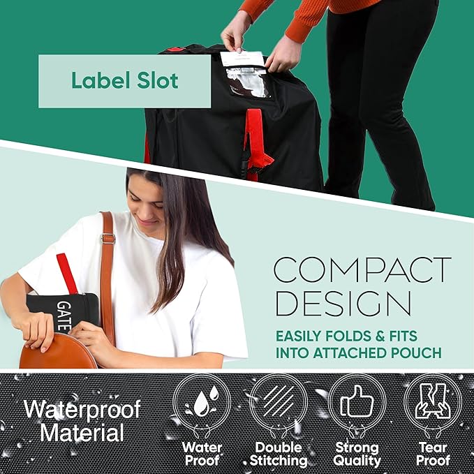 reperkid Car Seat Travel Bag for Airplane, Black and Green, 33" H x 18" W x 18" D, Fits Most Convertible, Booster and Infant Car Seats – Premium Waterproof Cover, Adjustable Shoulder Strap | Adjustable Padded Backpack Straps, Reinforced Stitching, Fits...