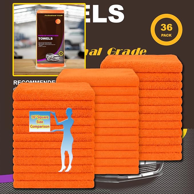 Orange Large Microfiber Cleaning Towels, 36-Pack Dual-Sided Ultra Soft Plush Washcloth, Professional Grade Premium Microfiber Detailing Cloths, Car, Household and Commercial (Orange, 16" x 16")