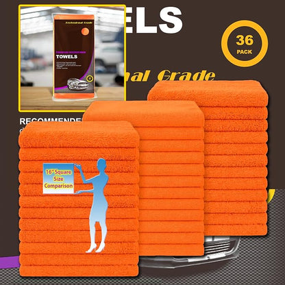 Orange Large Microfiber Cleaning Towels, 36-Pack Dual-Sided Ultra Soft Plush Washcloth, Professional Grade Premium Microfiber Detailing Cloths, Car, Household and Commercial (Orange, 16" x 16")