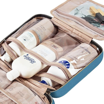 NISHEL Travel Toiletry Bag for women, Portable Hanging Organizer for Full-Sized Shampoo, Conditioner, Brushes Set, Makeup Accessories, Large Size, Lake-Blue