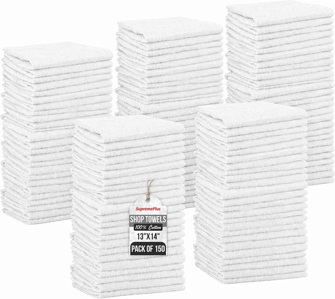 Shop Towels (White, 150-Pack) - Bulk Cleaning Towel in a Bag, Mechanic Cotton Wipes for Car Maintenance, Auto Mechanics & Garage, Wipe Grease & Oil, Machine Wash & Reusable