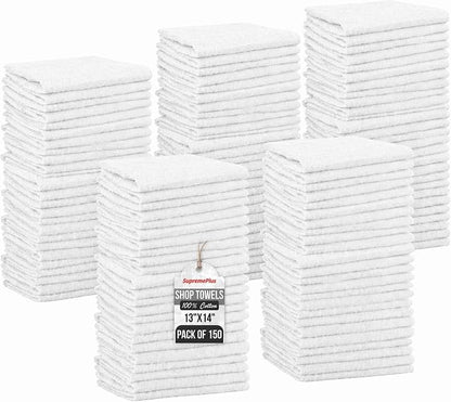 Shop Towels (White, 150-Pack) - Bulk Cleaning Towel in a Bag, Mechanic Cotton Wipes for Car Maintenance, Auto Mechanics & Garage, Wipe Grease & Oil, Machine Wash & Reusable