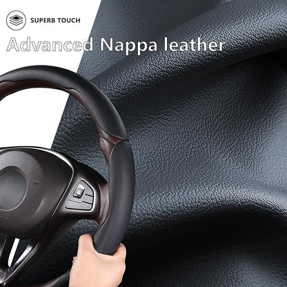 Car Steering Wheel Cover Leather Snap On 3Pcs Set Non-Slip Protector Wrap Steering Wheel Accessories 14.5-15 inch Universal Black