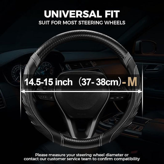 West Llama Carbon Fiber Leather Steering Wheel Cover with Anti-Slip Grip, 3D Textured Design, 14.5-15 Inch Car Steering Wheel Cover, Durable Interior Accessory（Standard Size-Black+Gray