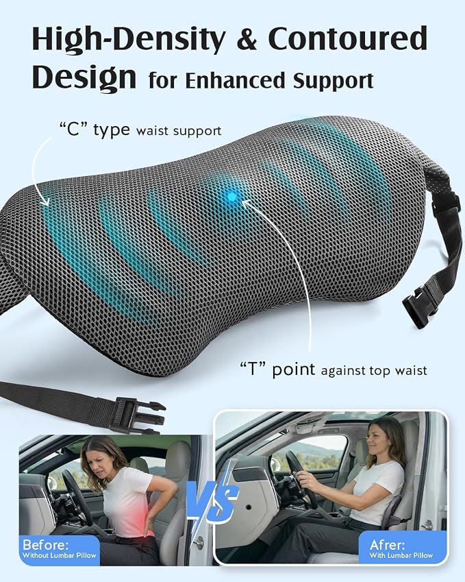 YFONG Lumbar Support Pillow for Car Seat, Back Support with Adjustable Straps Securely Fixed for Driving Seat Pain Relief, Office Chair Car Essentials Back Cushion, Grey