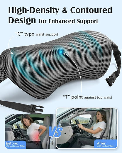 YFONG Lumbar Support Pillow for Car Seat, Back Support with Adjustable Straps Securely Fixed for Driving Seat Pain Relief, Office Chair Car Essentials Back Cushion, Grey