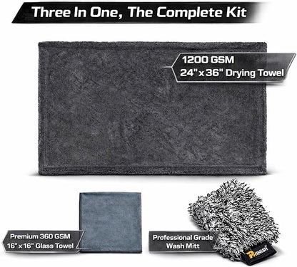 The Giant Giant 24"x36" Car Drying Towel – Ultra Absorbent 1200 GSM Twisted Loop Microfiber, Scratch-Free, Streak-Free, 70/30 Korean Blend – Includes Wash Mitt & Glass Towel for Auto Detailing